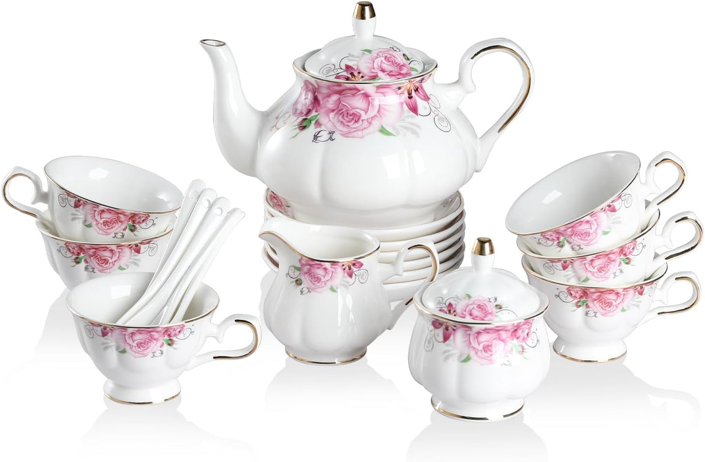 Sweejar Vintage Floral Relief Gold Rimmed Tea Set for 6 Guests