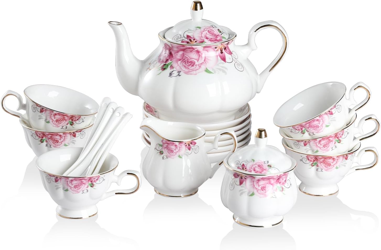Sweejar Vintage Floral Relief Gold Rimmed Tea Set for 6 Guests