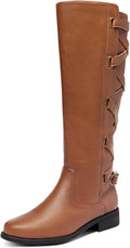 Syktkmx Womens Strappy Motorcycle Knee High Boots - Lace Up Low Heel
