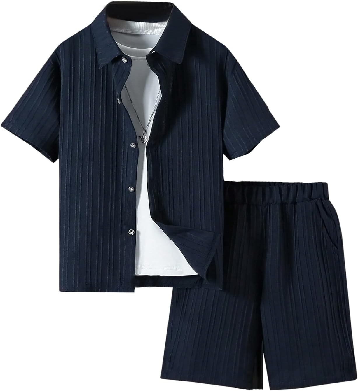 Boy's 2 Piece Beach Vacation Textured Linen Outfit for Summer