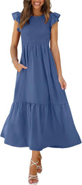 Women's Casual Maxi Dress with Pockets and Ruffle Sleeve