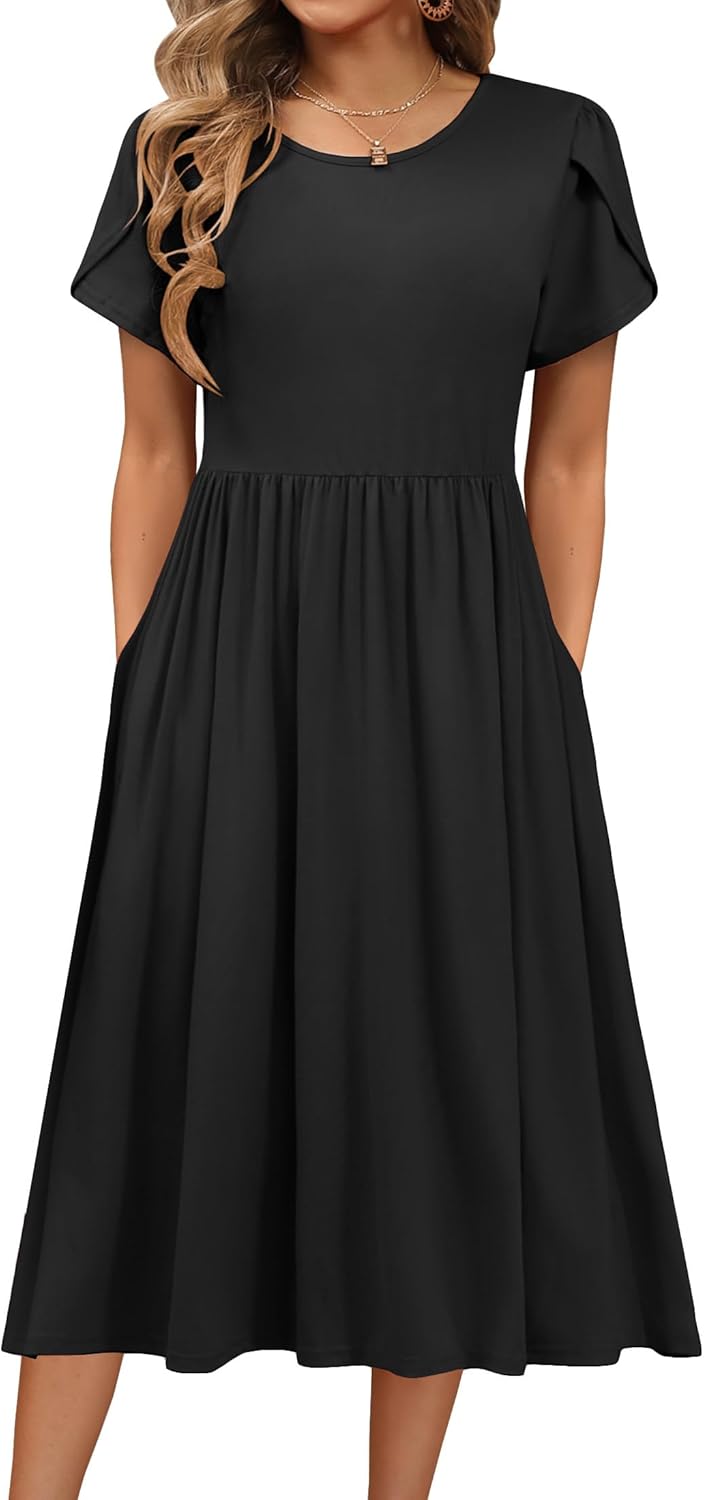 HOTOUCH Women's Summer Short Sleeve A-Line Midi Dress with Pockets