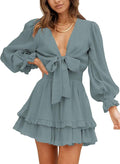 Deep V Neck Knotted Tiered Chiffon Mini Dress - Elegant Spring Fall be