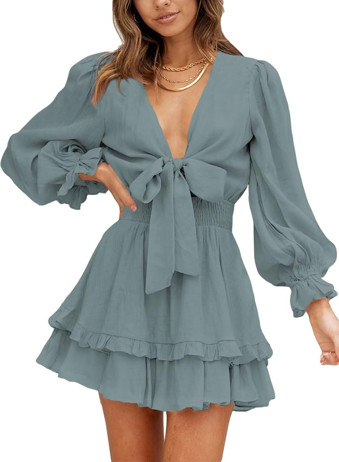 Dokotoo Womens Casual Deep V Neck Knotted Mini Dress for Fall