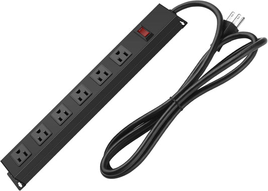 Space-Saving 6 Outlet Metal Power Strip - Mountable with Switch