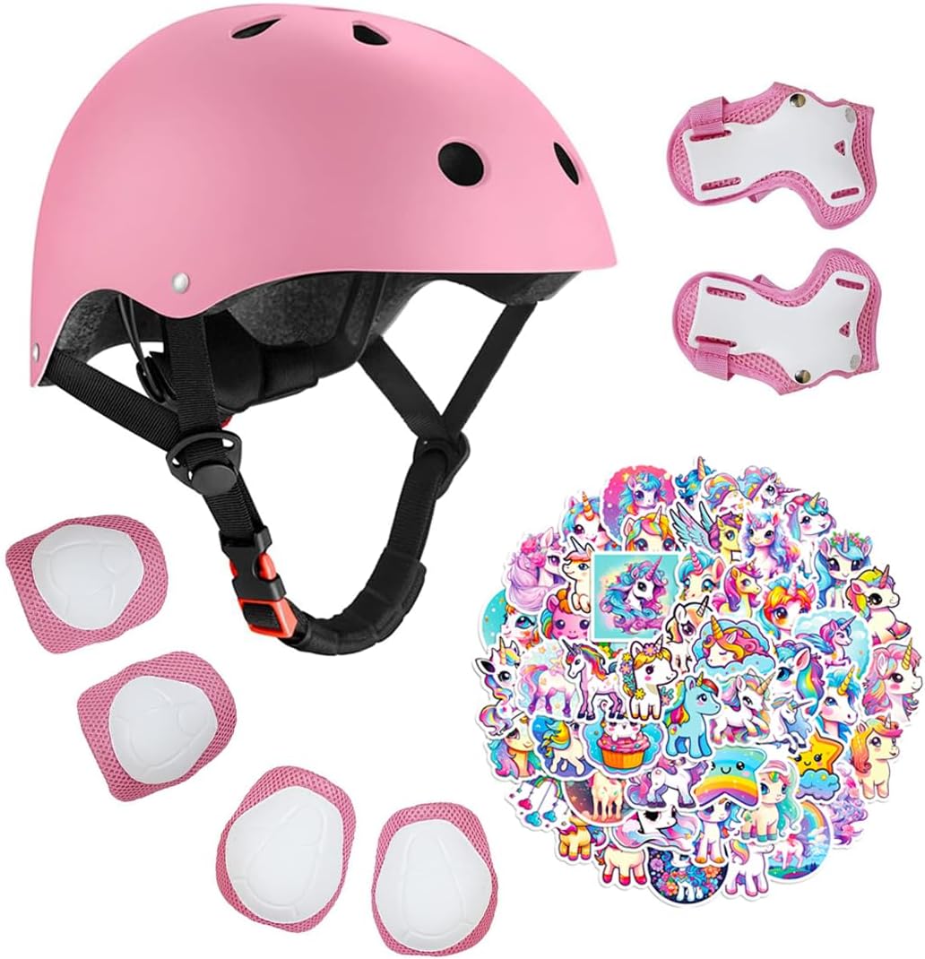 Protective Pink Kids Helmet Set for Ages 2-14 ~ Dino & Unicorn Stickers