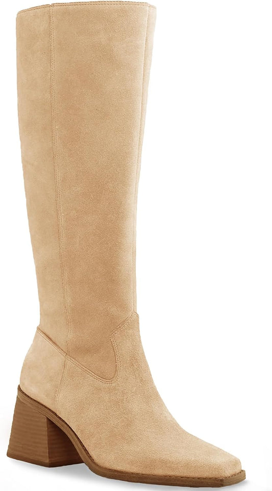 Coutgo Women's Knee High Boots for Wide Calf with Square Toe