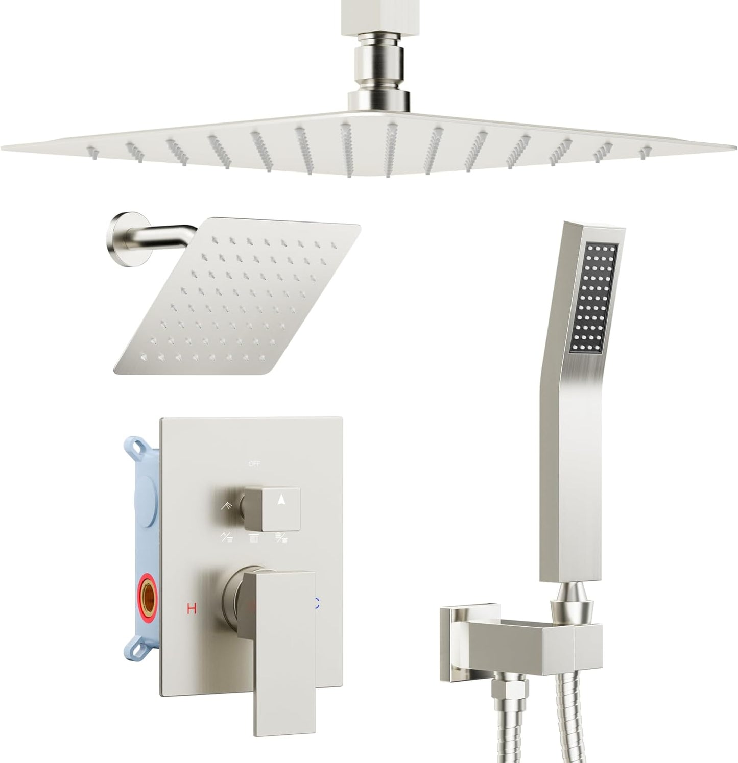 Brushed Nickel Shower Faucet Set with Dual Rain Shower Heads