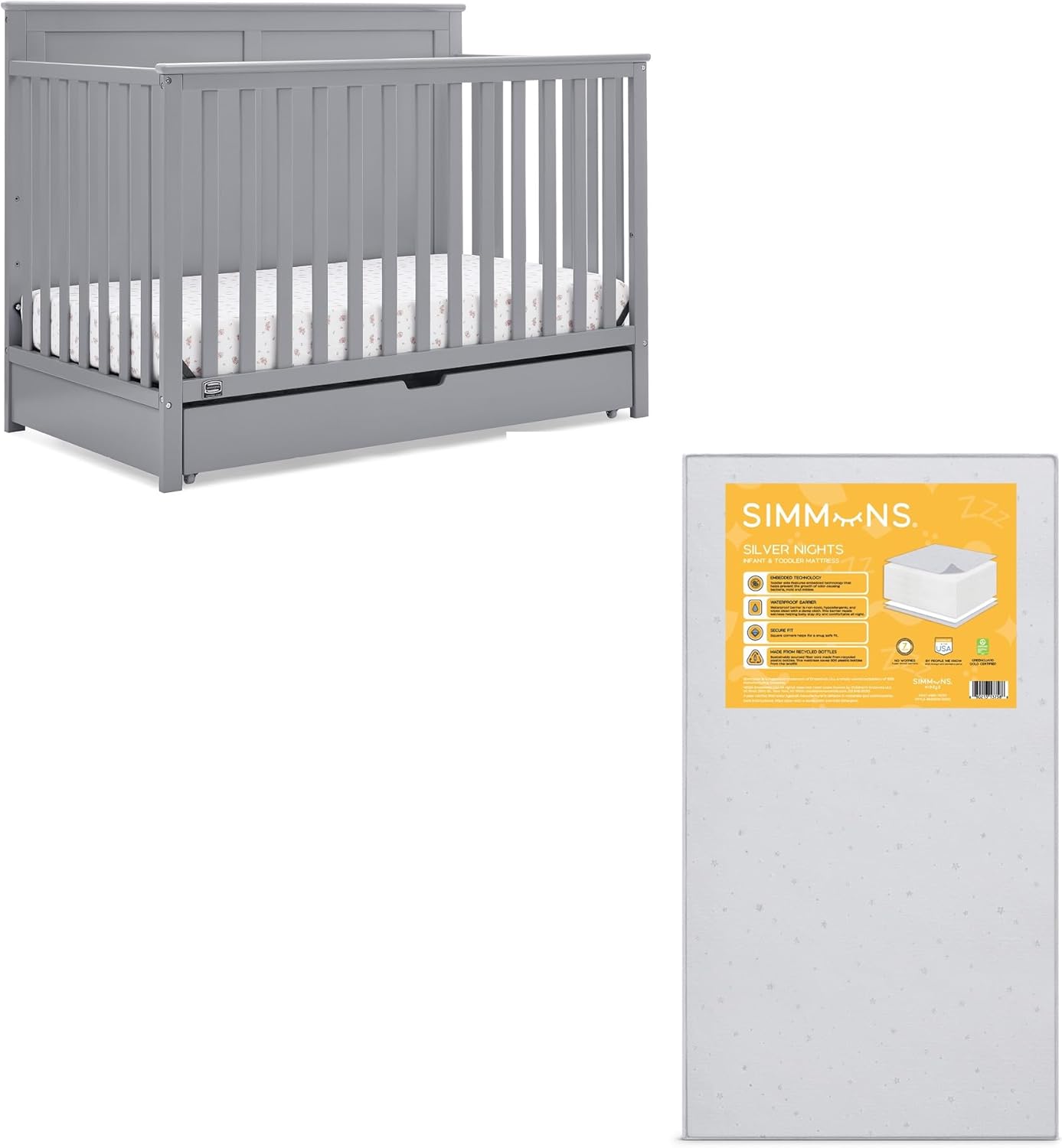 Simmons Kids Logan 6-in-1 Convertible Crib with Mattress Bundle