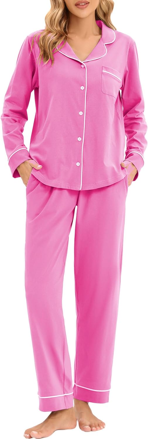 LUBOT 100% Cotton Pajamas for Women Soft Button-Down Set
