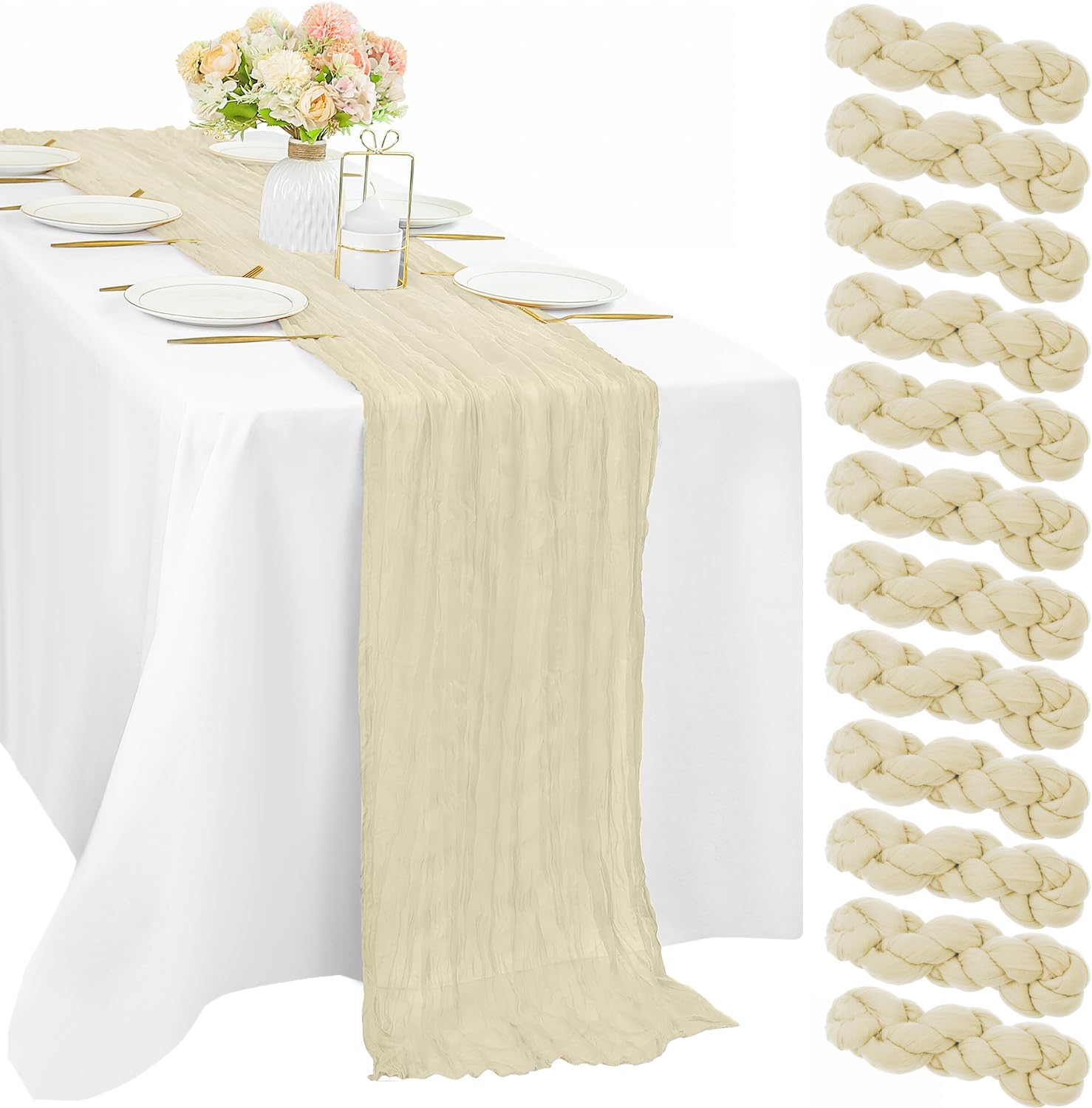Beige Cheesecloth Table Runner Set for Rustic Wedding Decor