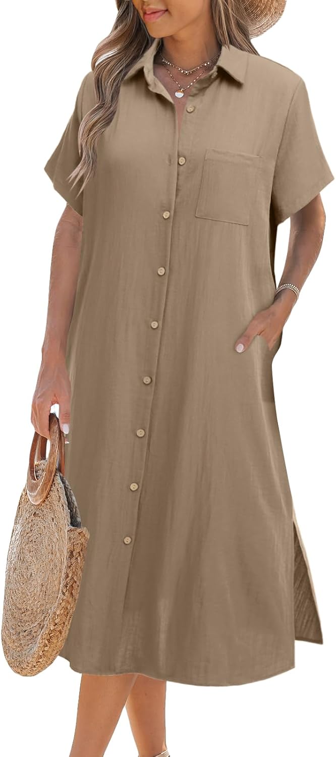 Zeagoo Women Summer Casual Short Sleeve Button Down Dress