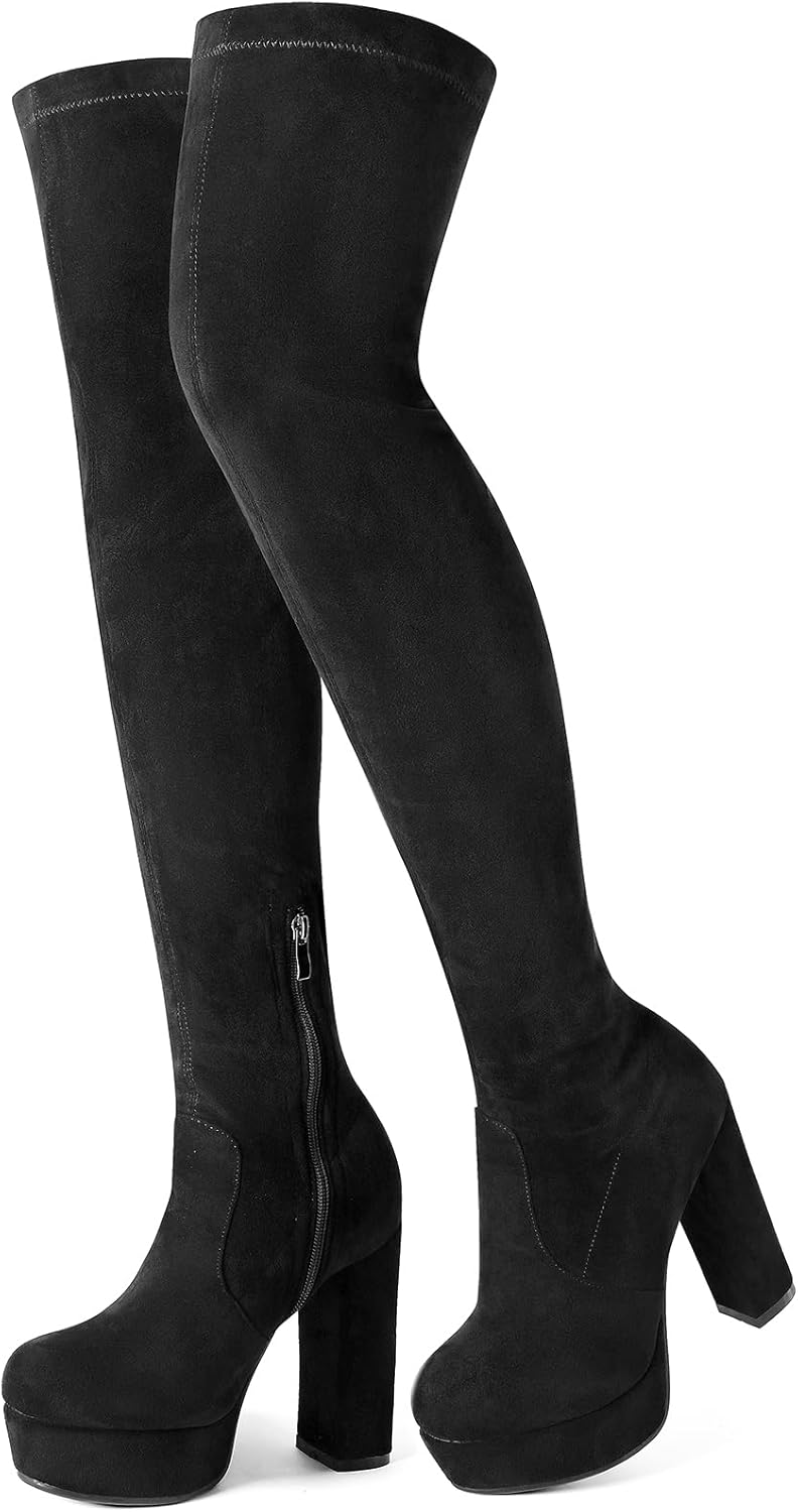 NueiVeiuo Women Thigh High Boots with Chunky Heel and Zipper