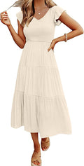 MEROKEETY Flutter Sleeve Smocked Midi Dress - Flattering Casual Fit