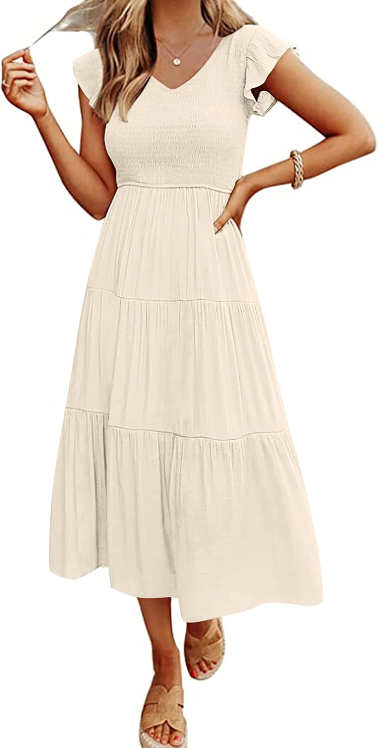MEROKEETY Women's Flutter Sleeve Smocked Midi Dress for All Occasions