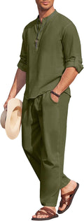 Men's Cotton Linen 2-Piece Henley Set - Lightweight Summer Outfit Top