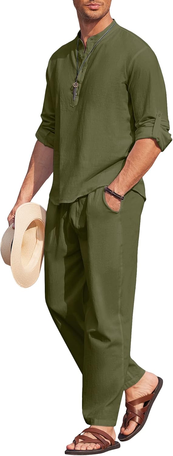 Men's 2 Piece Cotton Linen Set for Casual Summer Outfits