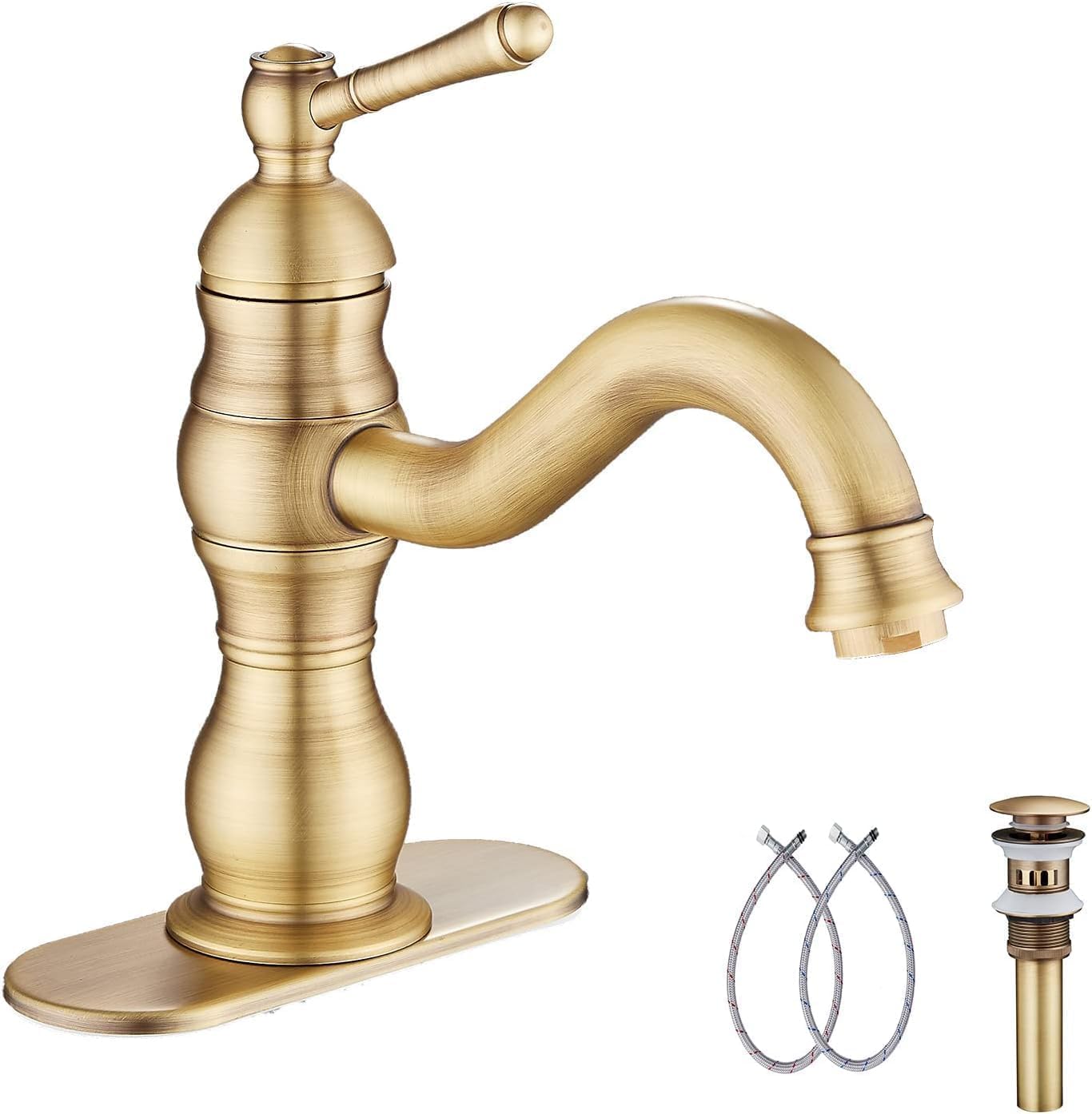 Antique Brass Bathroom Faucet with 360 Swivel and Drain