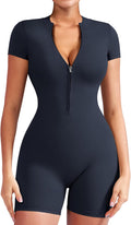Women Short Sleeve Workout Jumpsuit Zip Up Romper - Flattering Fit We