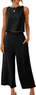 ANRABESS Women's Summer 2 Piece Outfits Sleeveless Crop Top Wide Leg
