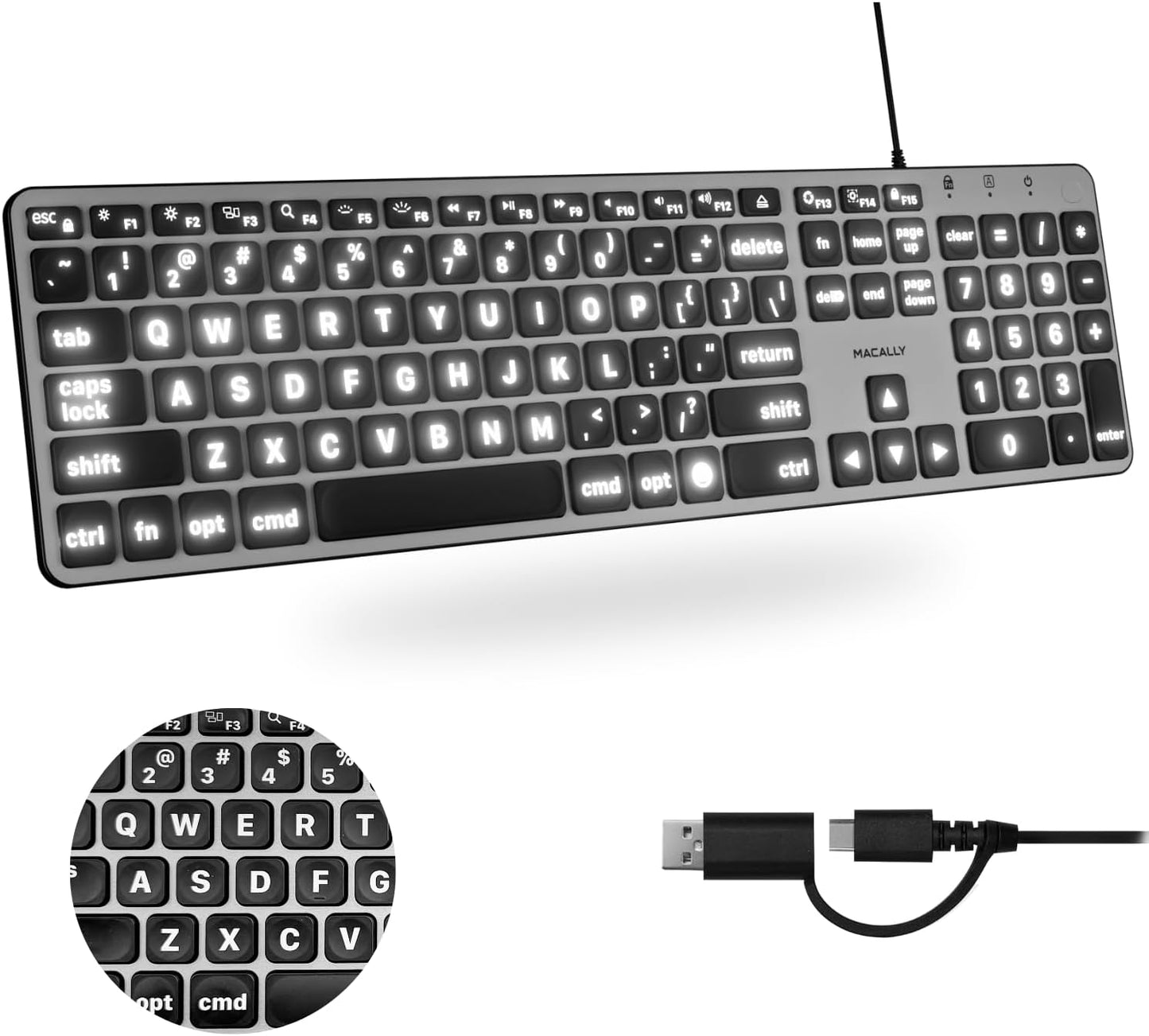 Macally Backlit Wired Keyboard for Mac - Large Print, 107 Key