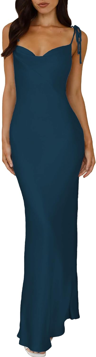 2025 Satin Cowl Neck Spaghetti Strap Slip Maxi Dress for Women