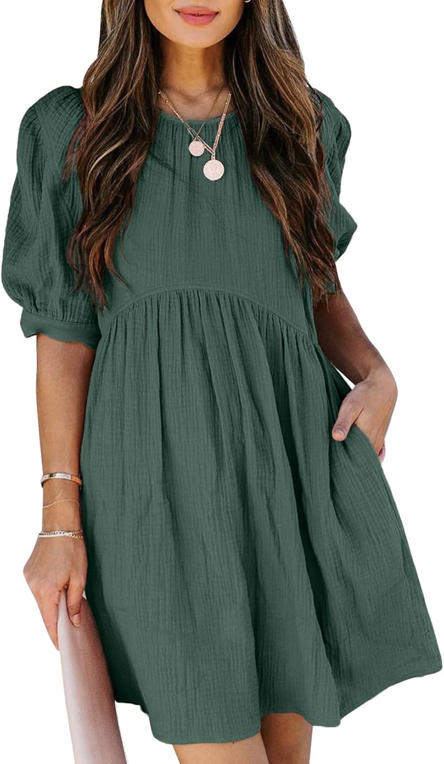 Dokotoo Womens Summer Crewneck Puff Sleeve Mini Swing Dress