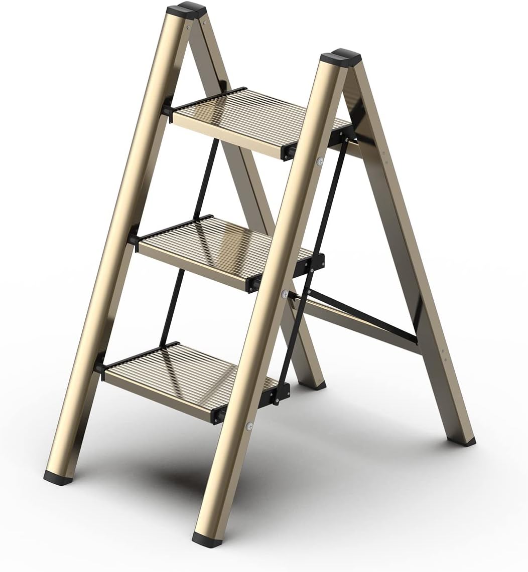 GameGem 3 Step Ladder - Lightweight Aluminum Folding Stool