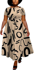 Women Plus Size A Line Maxi Dress Self Tie Waist with Pockets Dresses