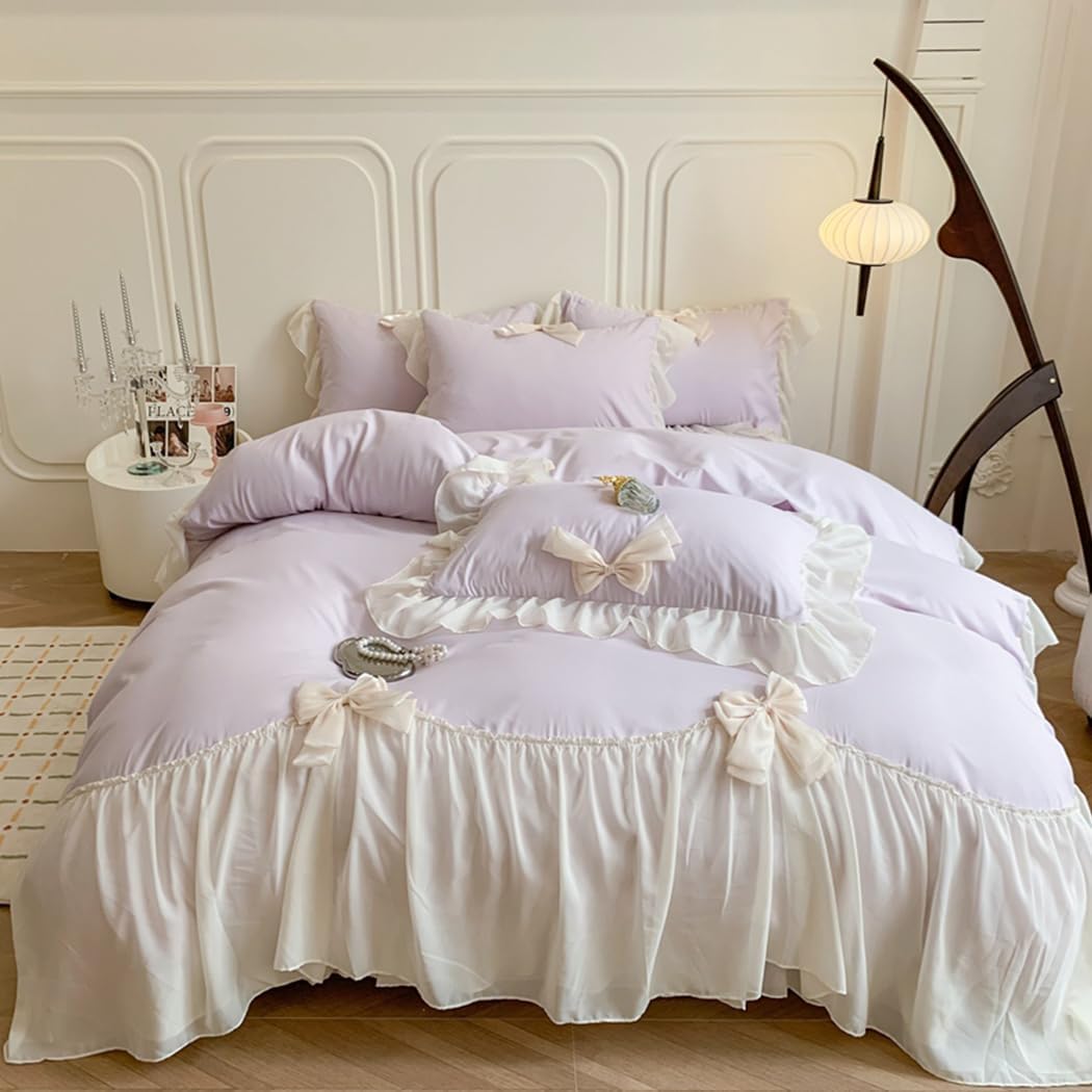 Girls Lace Bedding Chic Ruffled Duvet Cover Set in Purple