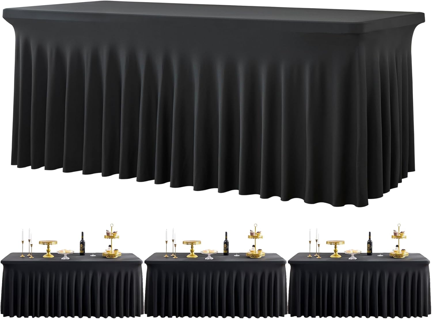 Black Spandex Tablecloth for 6ft Rectangle Tables - 3 Pack