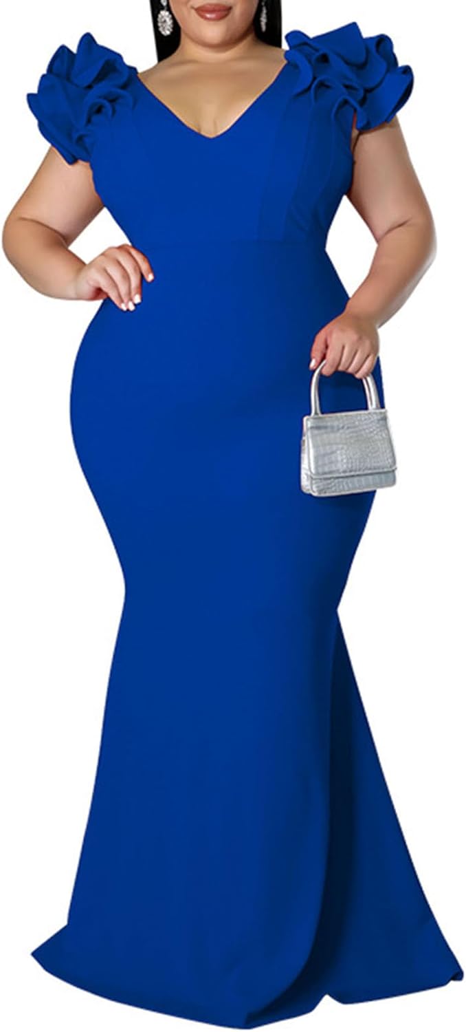 Elegant Plus Size Maxi Dress with Ruffle Sleeves for Women
