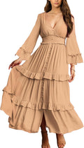 Amegoya V Neck Long Sleeve Boho Maxi Dress - Flowy Summer (Style 3R99)