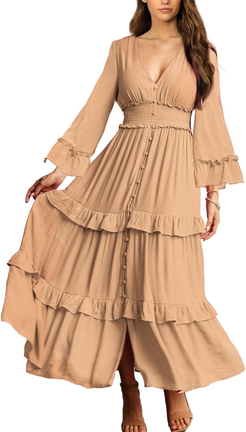Amegoya Women's V Neck Long Sleeve Boho Maxi Dress for Summer