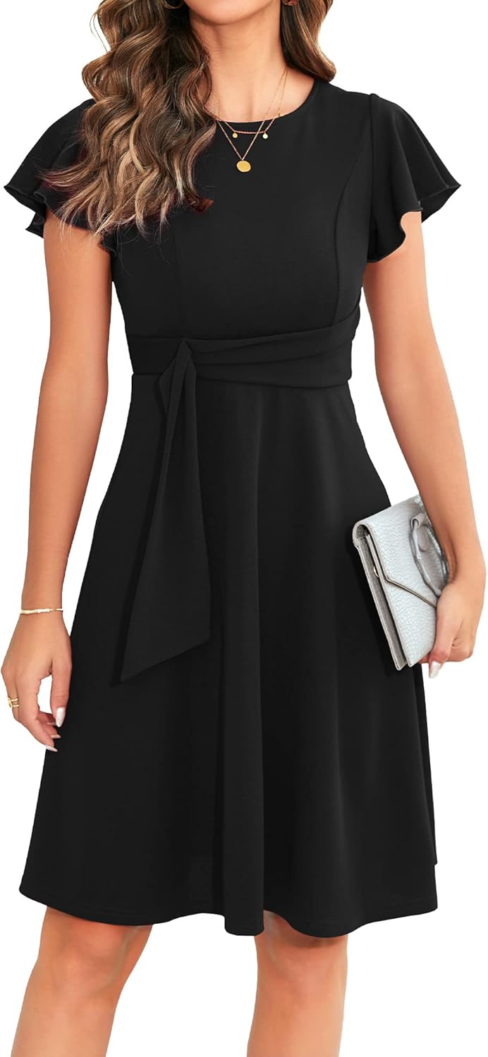 OWIN Womens Elegant Ruffle Sleeve Flared A Line Swing Dress