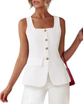 Womens Sleeveless Suit Vest - Square Neck Button Up Waistcoat