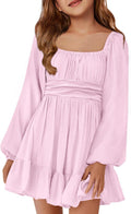 Girls Long Sleeve Tie Back Square Neck A-Line Mini Dress - Fall Fit