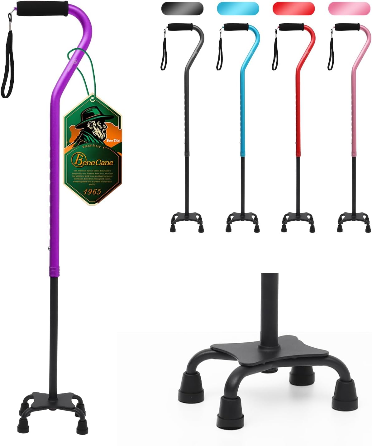 BeneCane Quad Cane Adjustable Walking Cane for Extra Stability