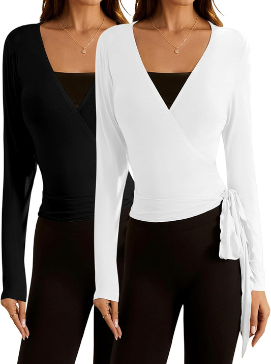 Y2k Pilates Wrap Tops for Women - Cute Long Sleeve Activewear