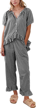 Flygo Womens Plaid 2 Piece Pajamas Set - Soft 100% Cotton Y2K Lounge