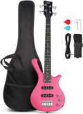 4 String Electric Bass Guitar 36in Beginner Kit - Portable Pink