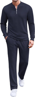 Men's 2 Piece Tracksuit Set Polo Quarter Zip - Comfortable Athletic