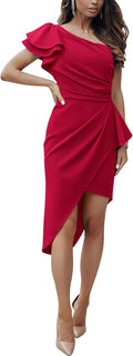 One Shoulder Cocktail Dress with Ruffle Sleeve - Flattering Summer Fit