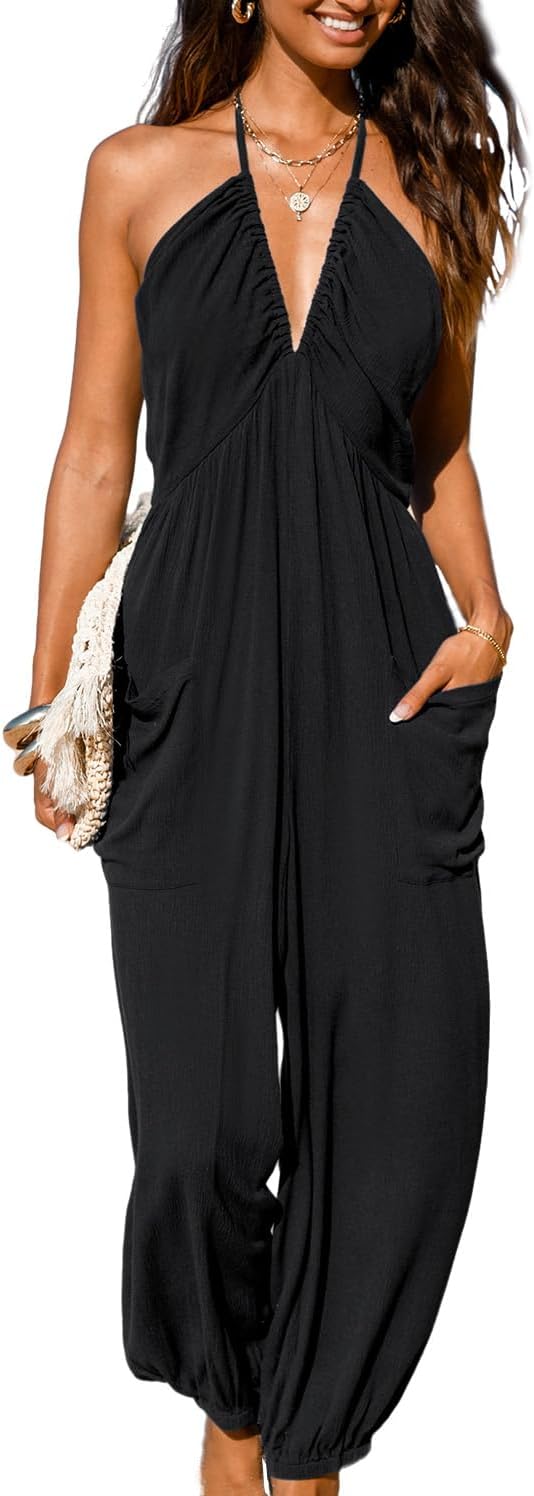 CUPSHE Women's Plunge Halter Sleeveless Maxi Jumpsuit with Pockets