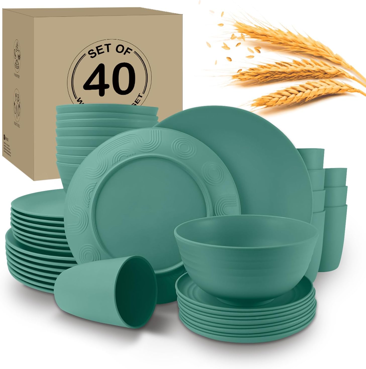 40Pack Unbreakable Wheat Straw Dinnerware Sets for Kids