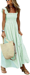 Retro Plaid Smocked Dress Spaghetti Strap Flounce Long Dress Dresses