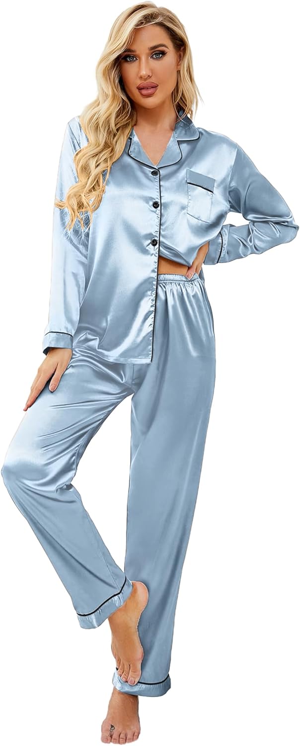 Ekouaer Women's Classic Button Down Long Satin Silk Pajama Set