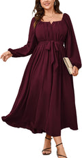 Plus Size Maxi Dress Long Sleeve Square Neck - Elegant Flowy A Line