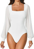 Women Puff Long Sleeve Mesh Bodysuit Square Neck - Slim Fit Avidlove