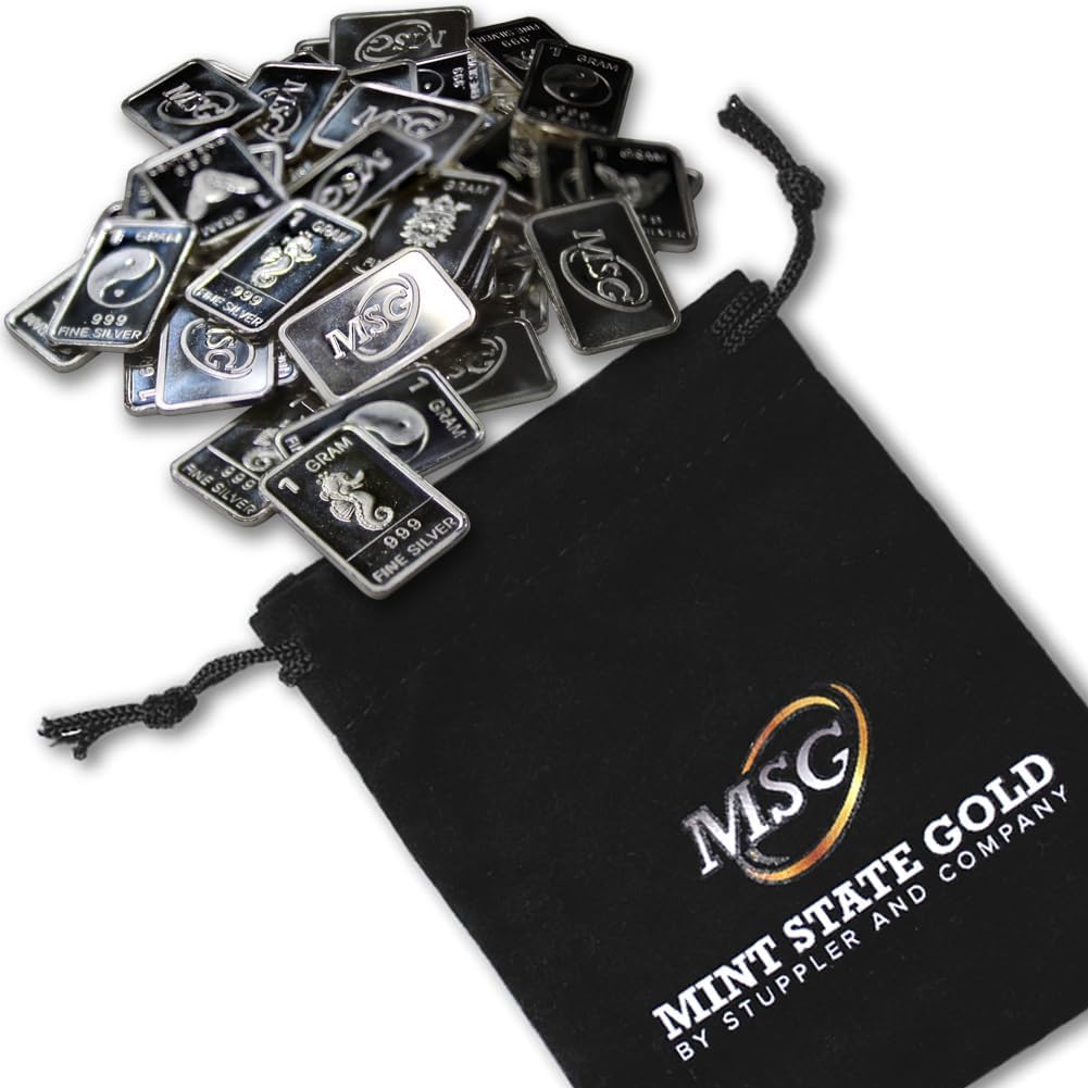 One Gram .999 Pure Silver Bars in Jewelry Pouch for Collectors